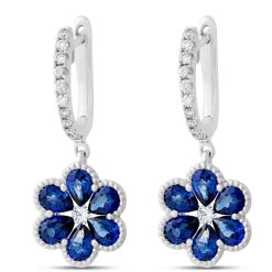 Flower Shaped Sapphire Earrings, 14K White Gold Clearance