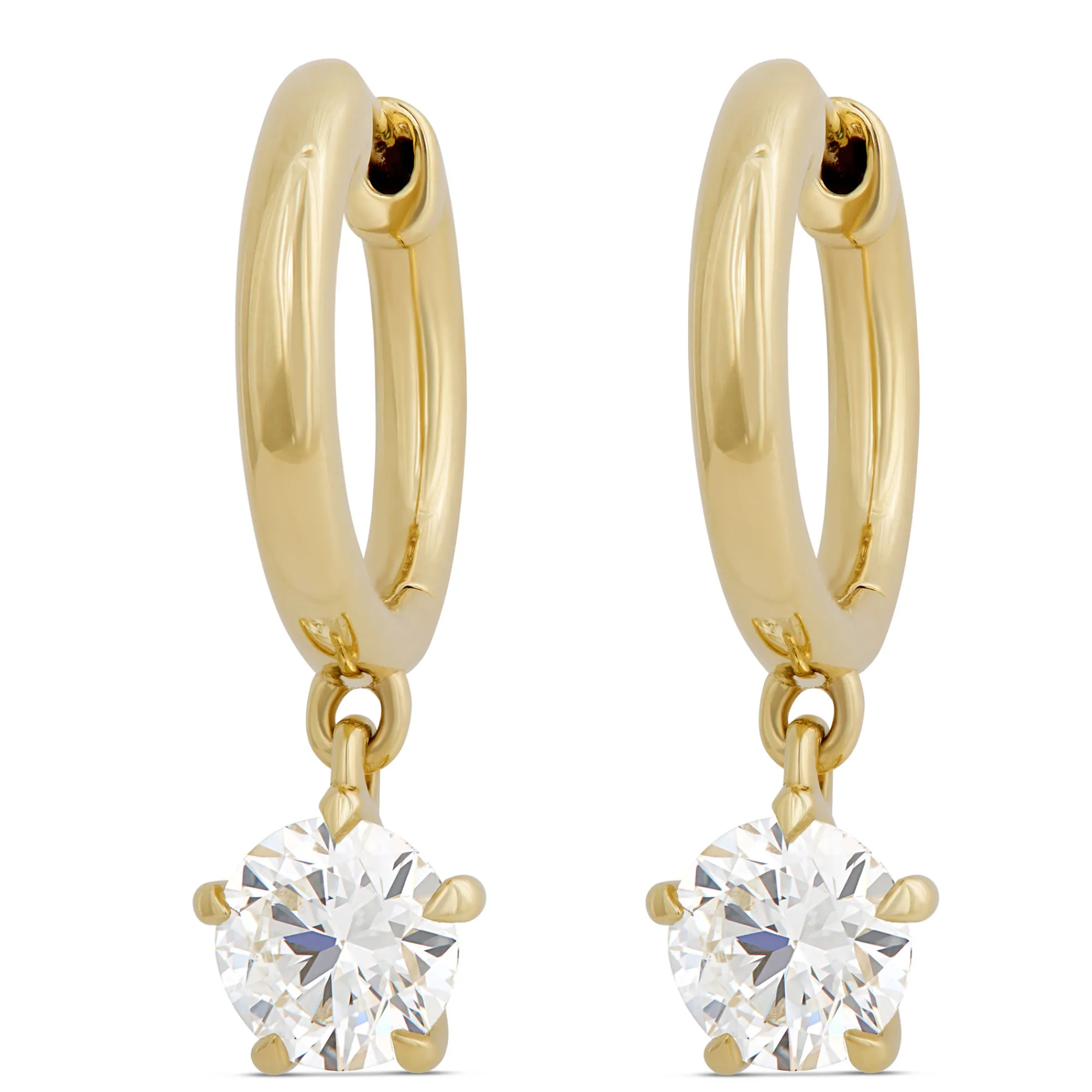 Huggie Hoops With Diamond Drops, 18K Yellow Gold New