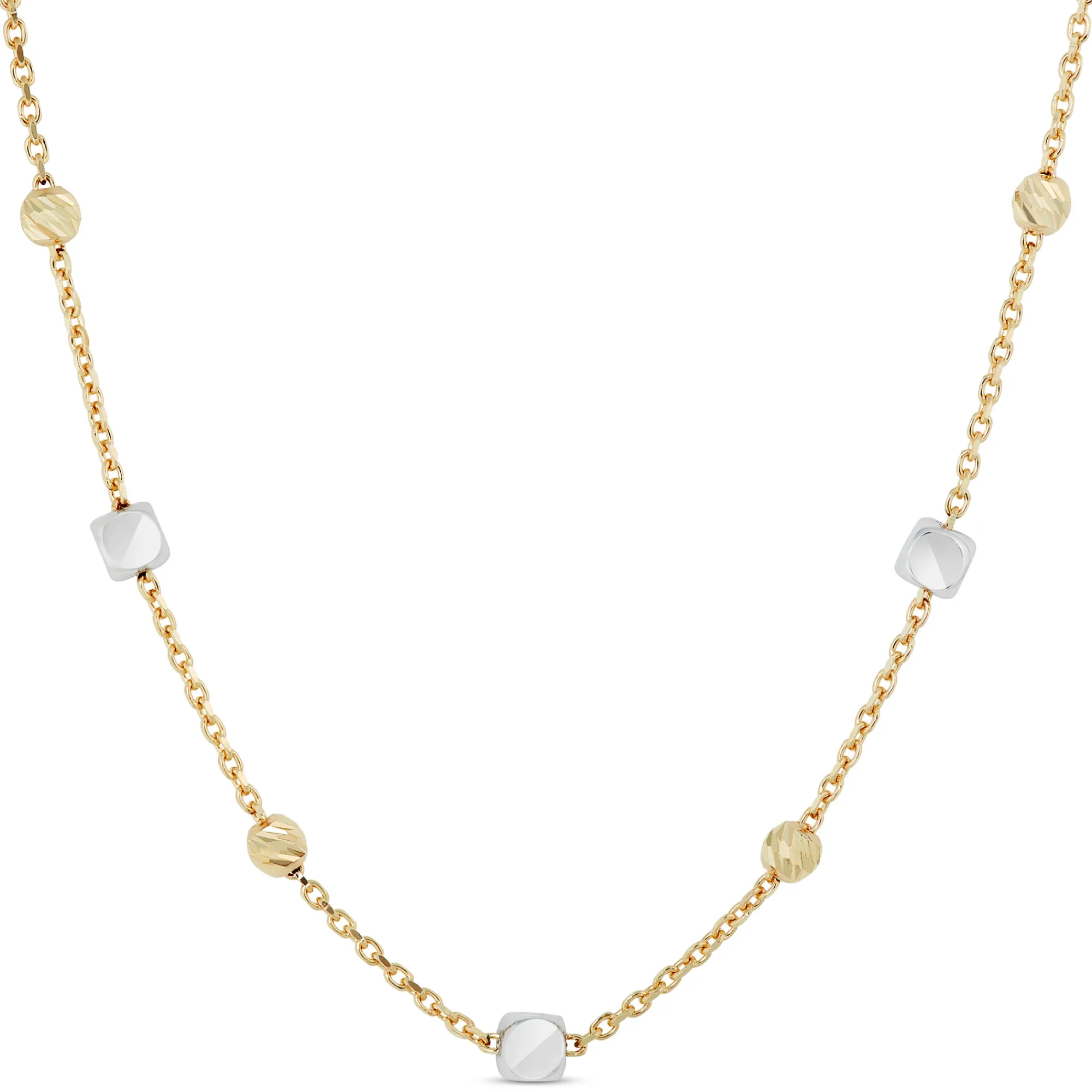 18-Inch Cube and Round Bead Station Necklace, 14K Yellow Gold