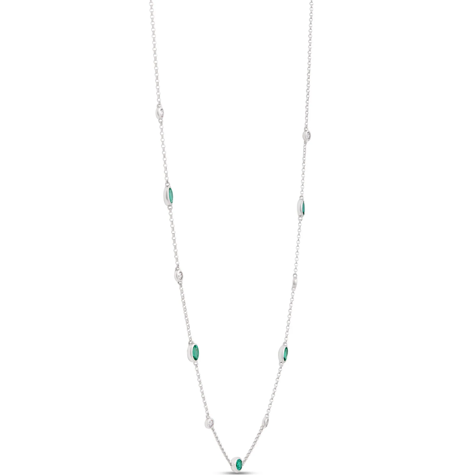 18-Inch Oval Emerald Station Necklace, 14K White Gold