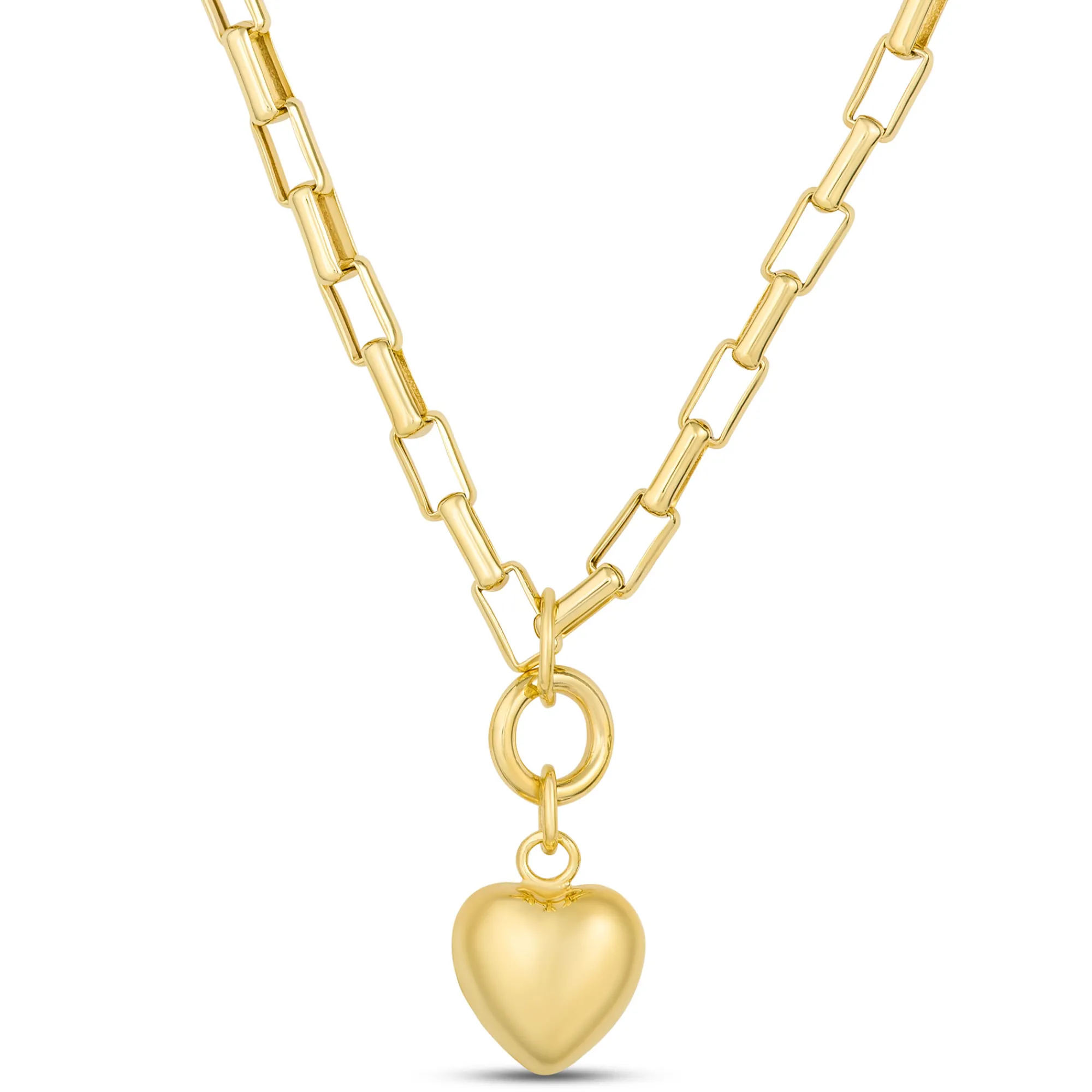 Toscano 18-Inch Puffed Heart Pendant on rectangle Link Chain, 14K Yellow Gold Discount