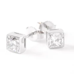 Invisible Bezel Solitaire Princess Cut Diamond Studs, 14K White Gold Outlet