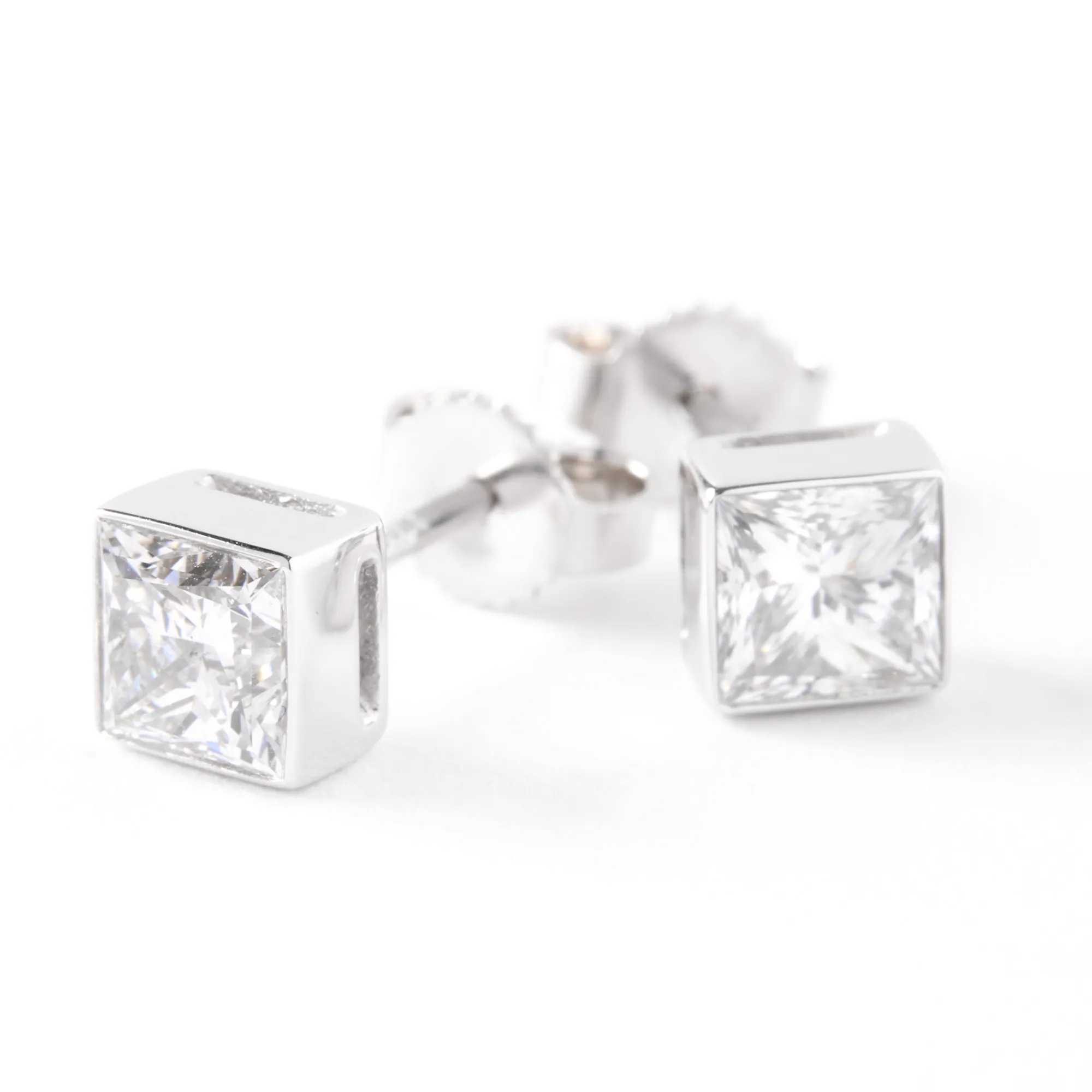 Invisible Bezel Solitaire Princess Cut Diamond Studs, 14K White Gold Outlet