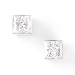 Invisible Bezel Solitaire Princess Cut Diamond Studs, 14K White Gold Outlet