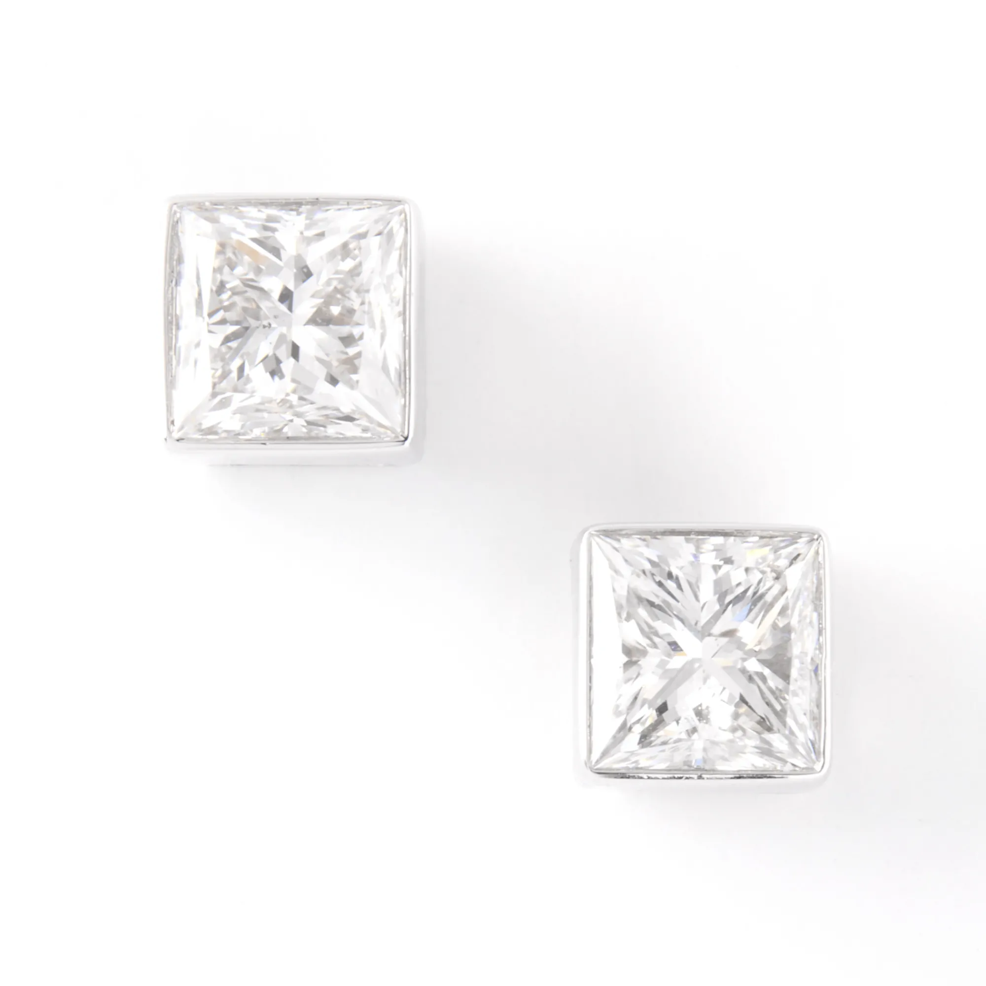 Invisible Bezel Solitaire Princess Cut Diamond Studs, 14K White Gold Outlet