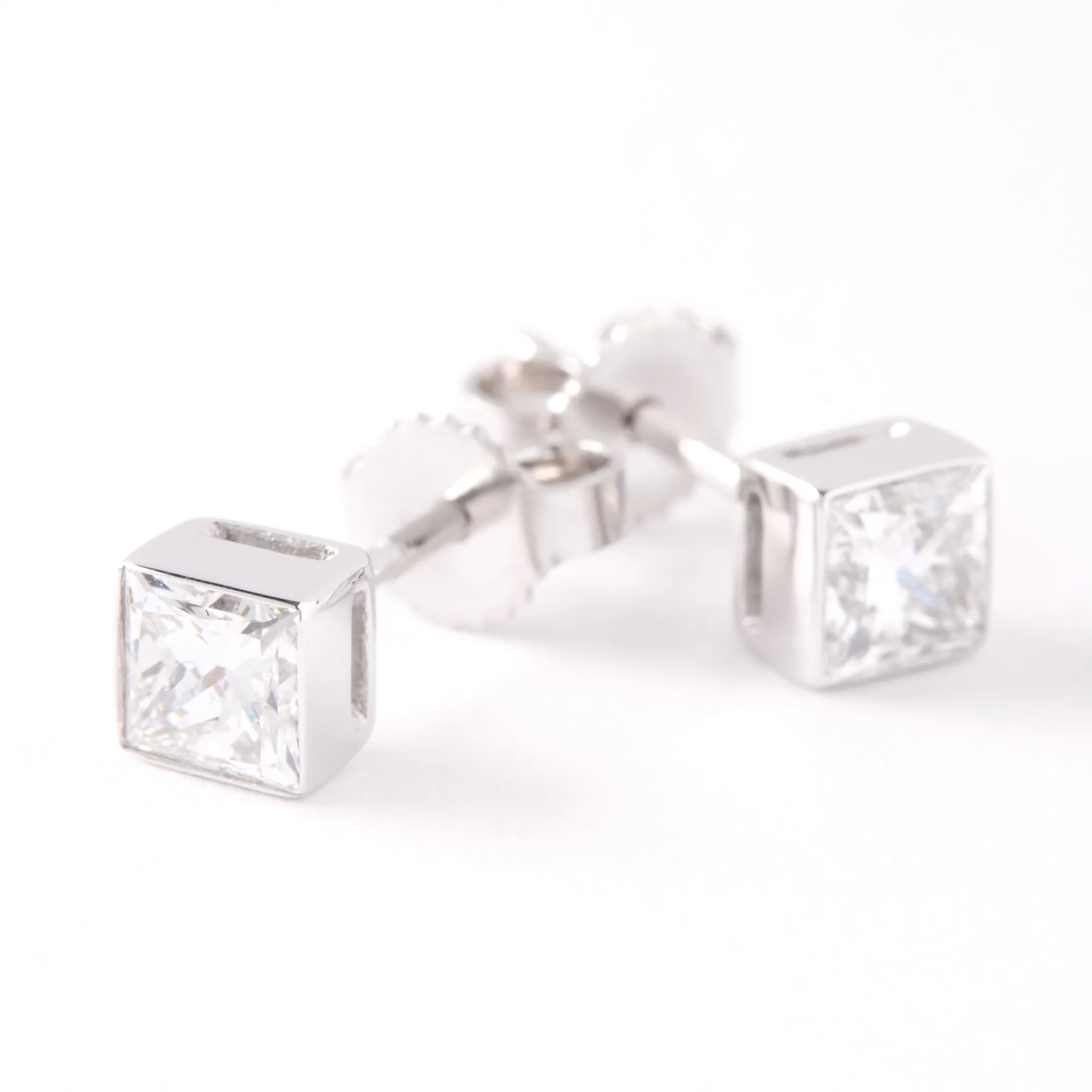 Invisible Bezel Solitaire Princess Cut Diamond Studs, 14K White Gold Discount