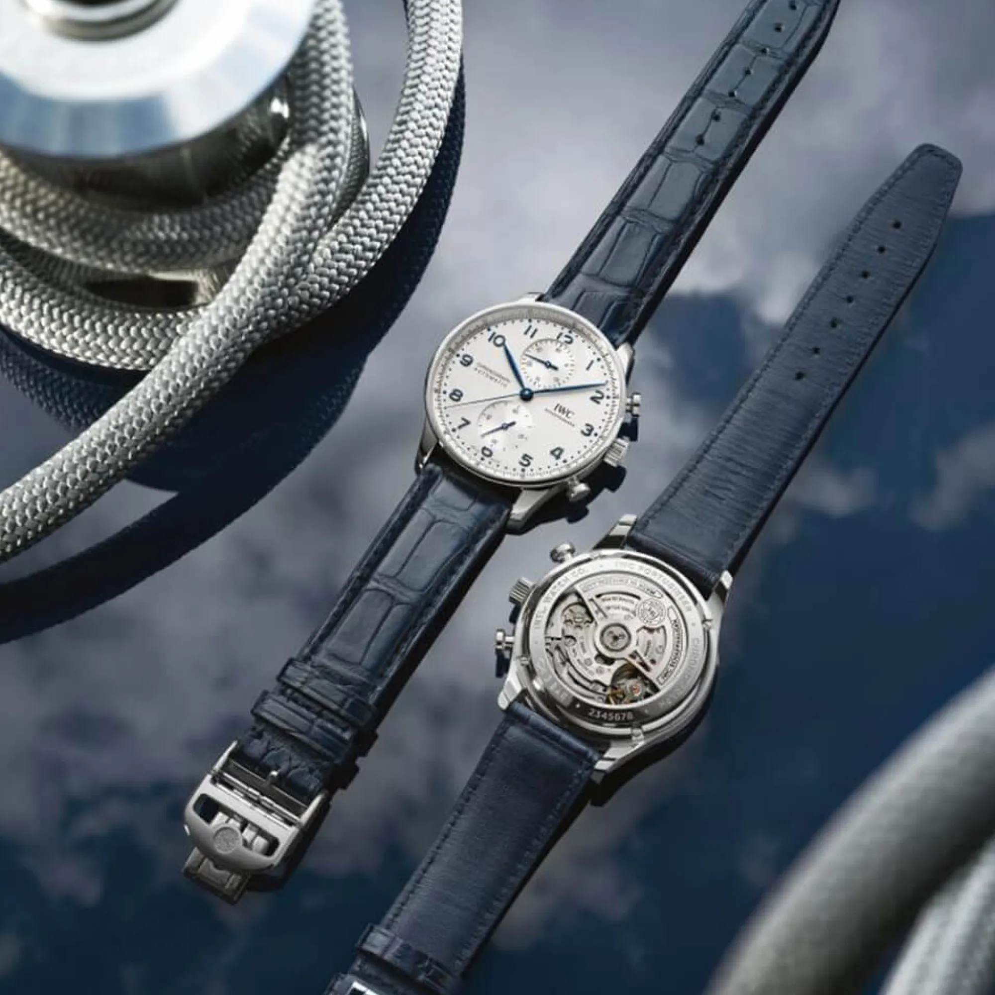IWC Portugieser Silver Dial Blue Detailed Chronograph Watch, 41mm Clearance