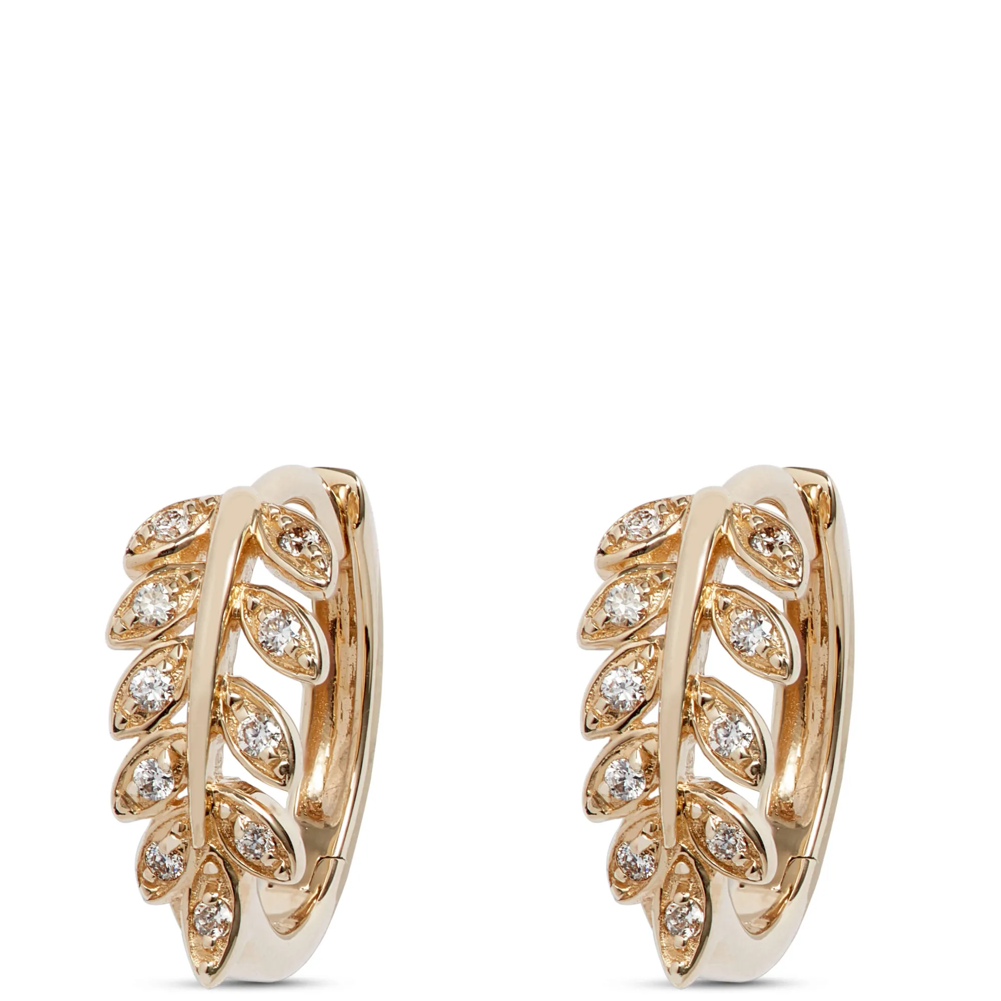 Leaf Hoop Diamond Hoop Earrings, 14K Yellow Gold