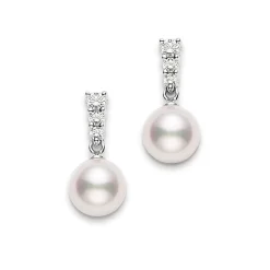 Mikimoto Akoya Cultured Pearl & Diamond Earrings 18K Hot