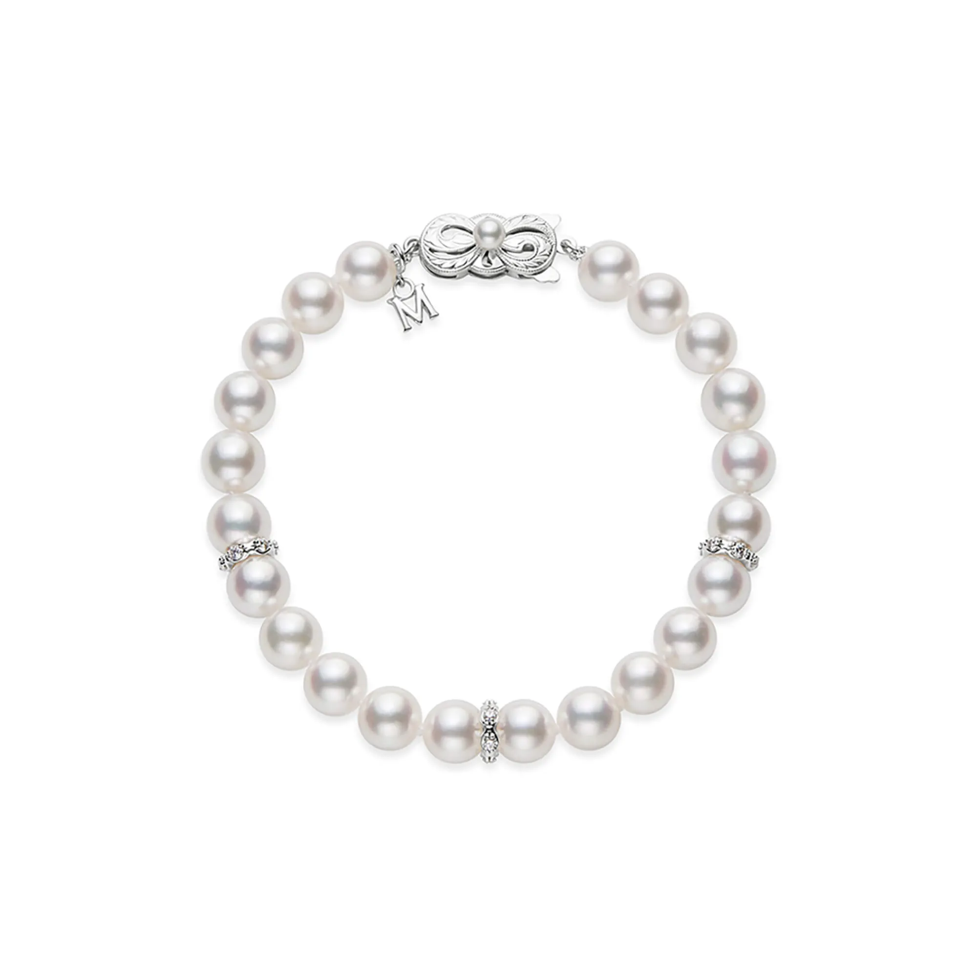 Mikimoto Akoya Cultured Pearl and Diamond Rondell Bracelet, 18K White Gold New