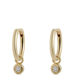 12MM Diamond Hoop Earrings, 14K Yellow Gold New