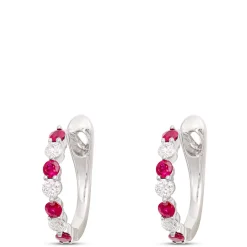 14MM Round Ruby and Diamond Hoop Earrings in 14K White Gold New