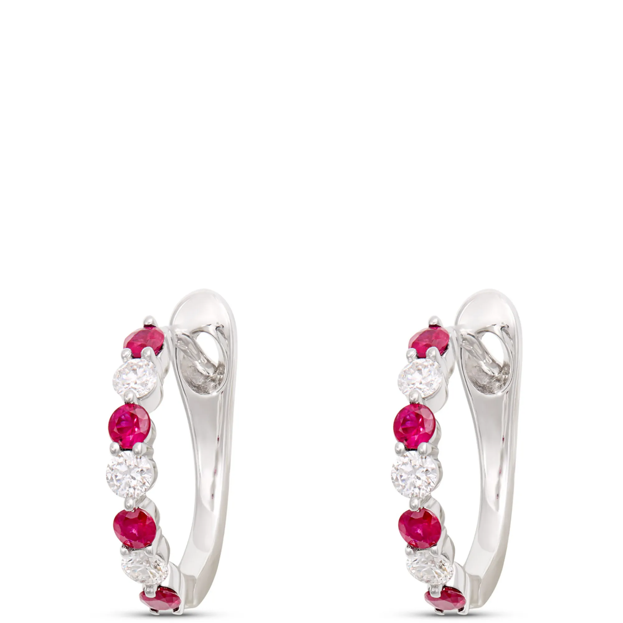 14MM Round Ruby and Diamond Hoop Earrings in 14K White Gold New