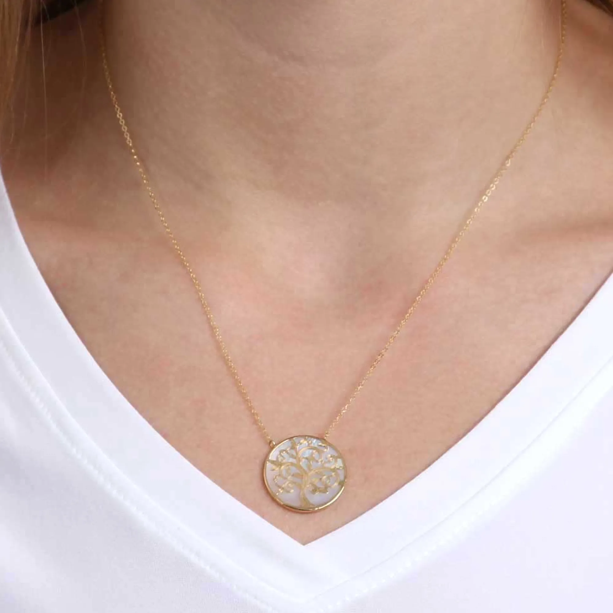 Mother of Pearl Tree of Life Necklace 14K Clearance