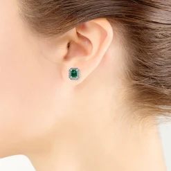 Octagon Emerald & Diamond Earrings 14K Clearance