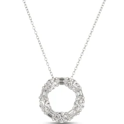 Open Circle Pendant with Emerald Cut and Round Diamonds, 2 Total Carat Weight, 14K White Gold New