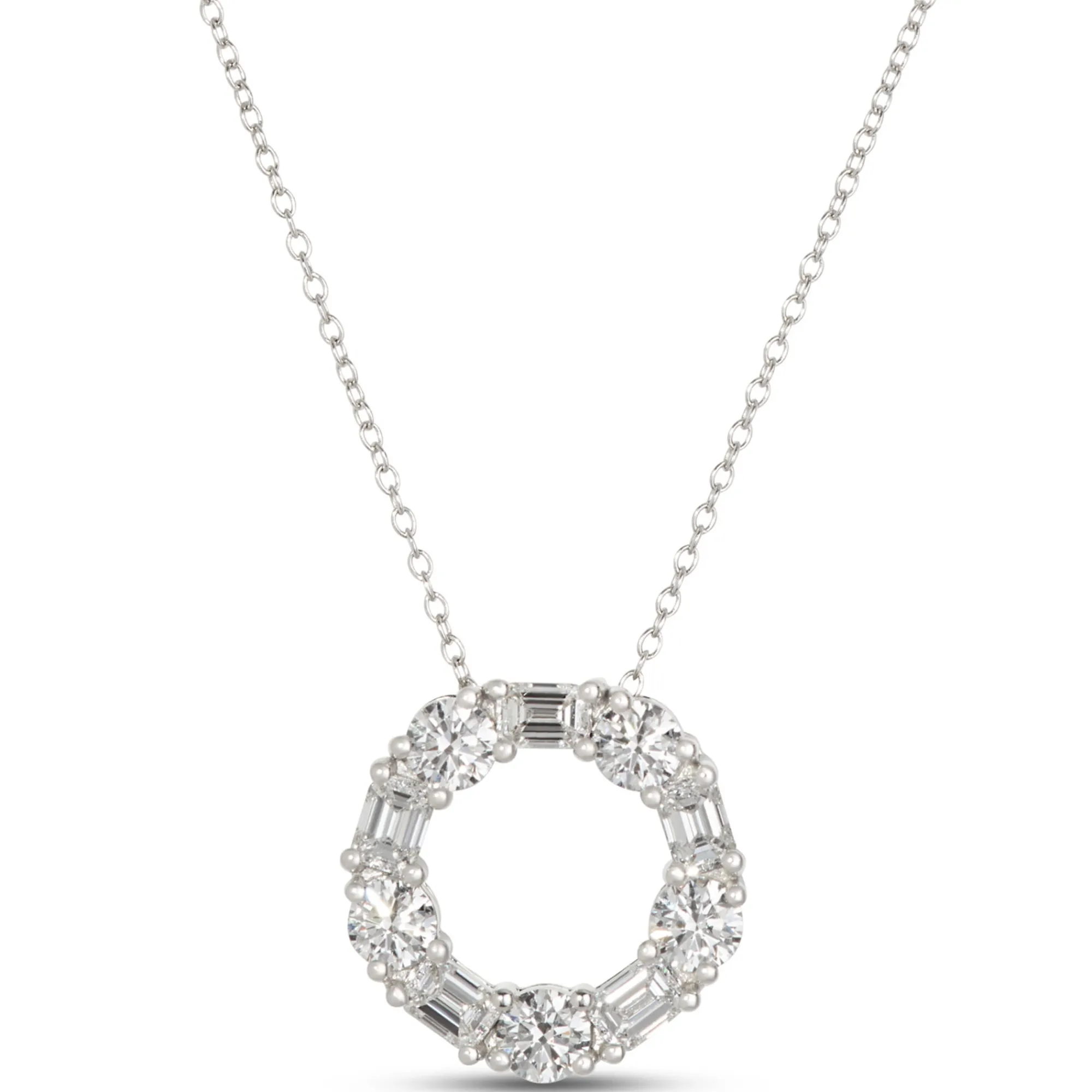 Open Circle Pendant with Emerald Cut and Round Diamonds, 2 Total Carat Weight, 14K White Gold New