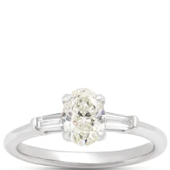 Oval and Baguette Diamond Engagement Ring, 1 Carat Total Weight, 14K White Gold New