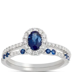 Oval Blue Sapphire and Round Diamond Ring, 14K White Gold New