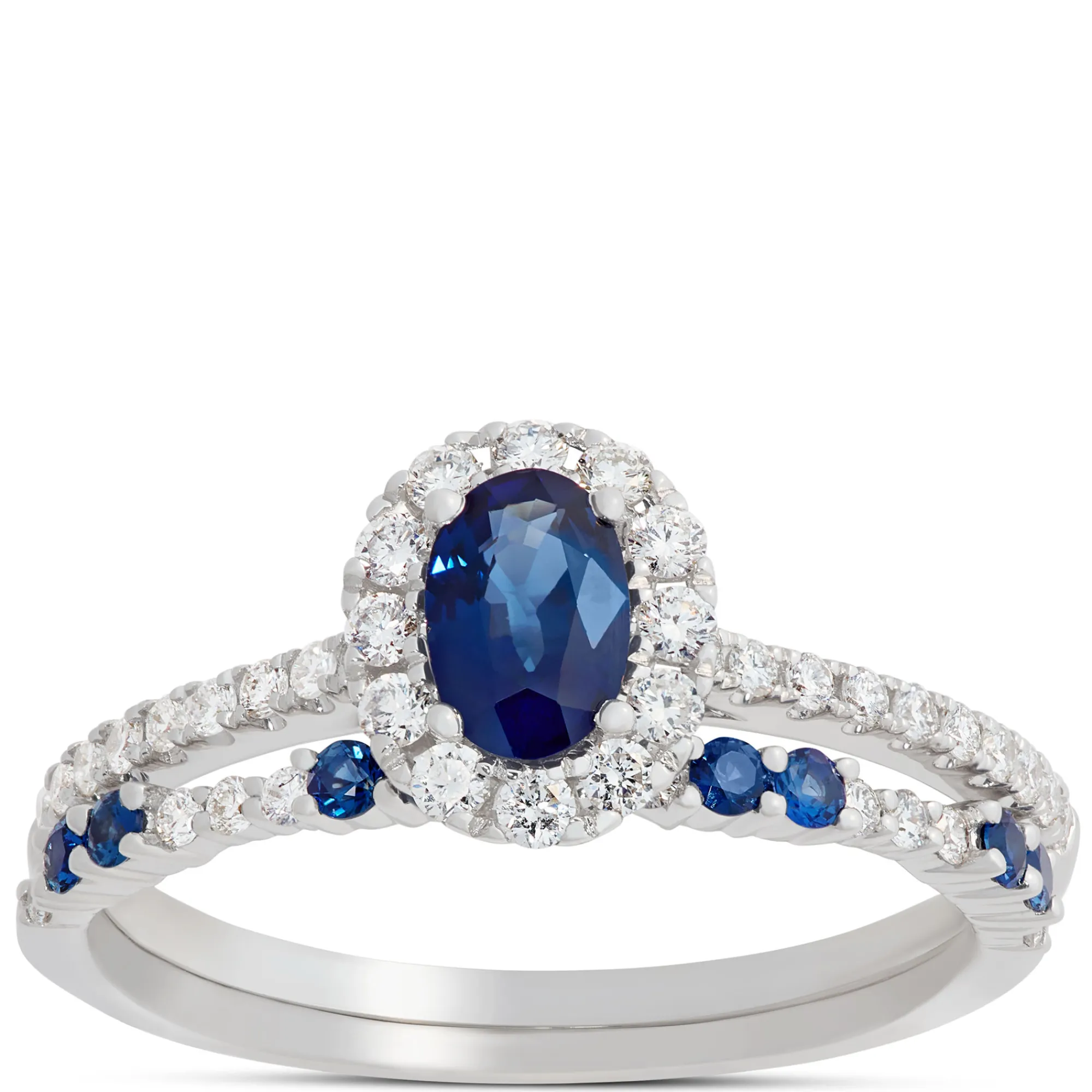 Oval Blue Sapphire and Round Diamond Ring, 14K White Gold New
