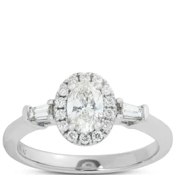 Oval Cut Diamond Halo Engagement Ring, 14K White Gold New