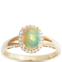 Oval Cut Opal and Diamond Halo Ring, 14K Yellow Gold Hot