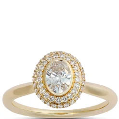 Oval Diamond Engagement Ring with Double Halo, 14K Yellow Gold Hot