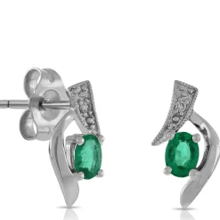 Oval Emerald & Diamond Earrings 14K New