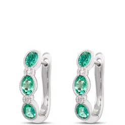 Oval Emerald Hoops, 14K White Gold