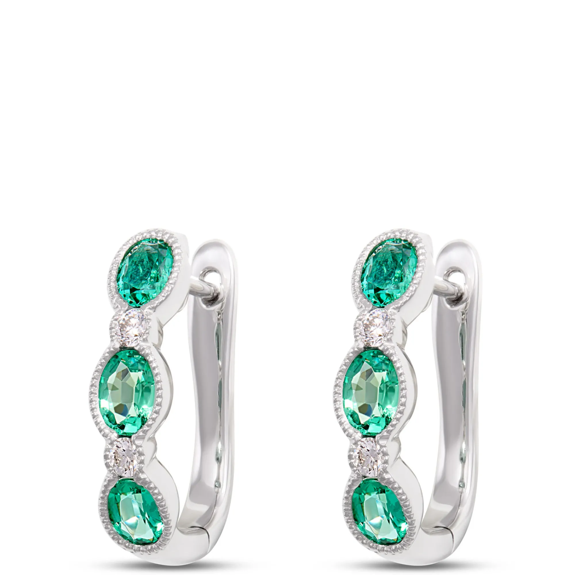 Oval Emerald Hoops, 14K White Gold