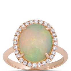 Oval Opal and Round Diamond Halo Ring, 14K Yellow Gold New