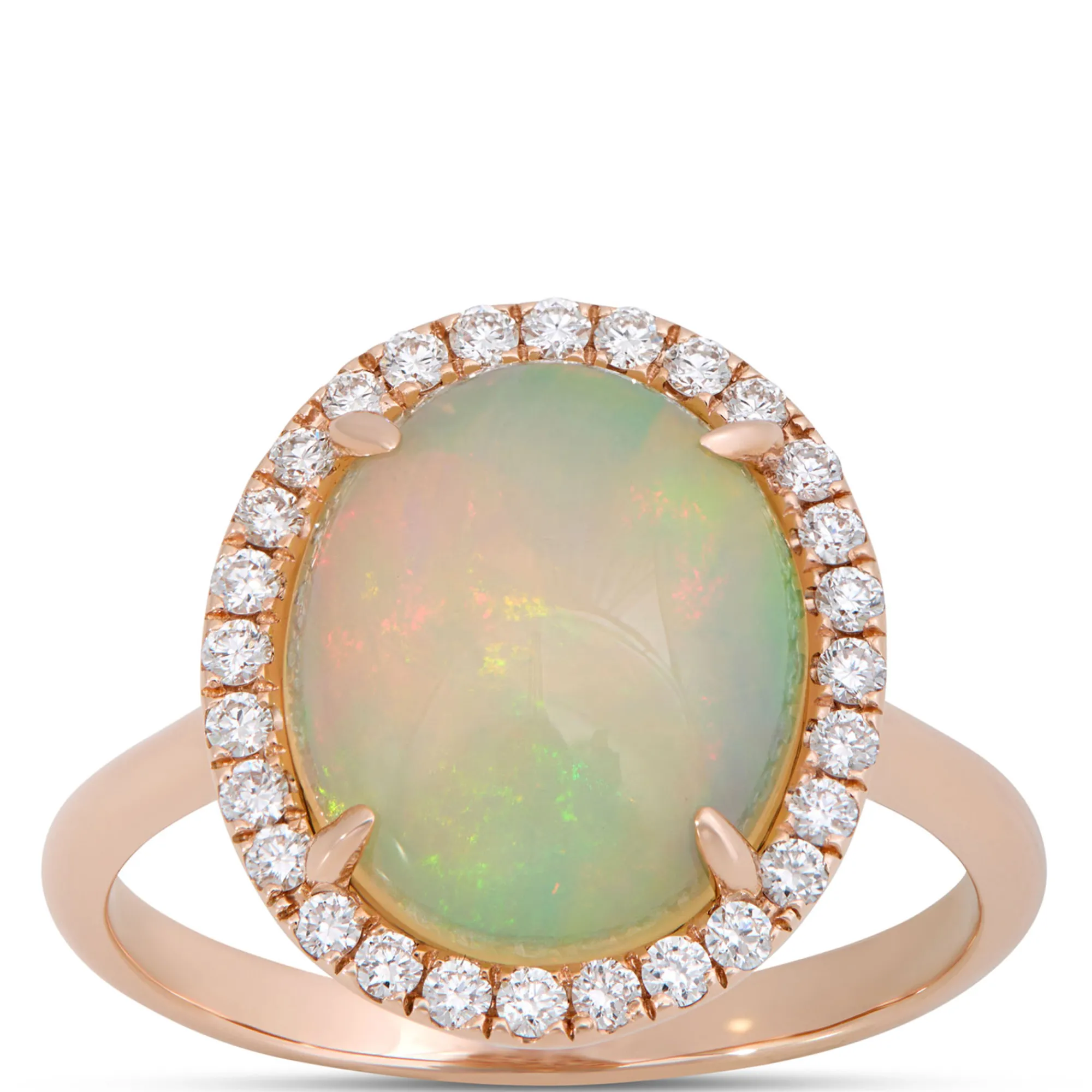 Oval Opal and Round Diamond Halo Ring, 14K Yellow Gold New
