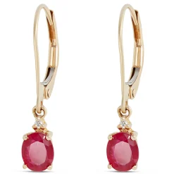 Oval Ruby and Diamond Dangle Earrings, 14K Yellow Gold New