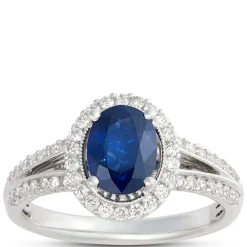 Oval Sapphire and Diamond Halo Ring, 14K White Gold Discount