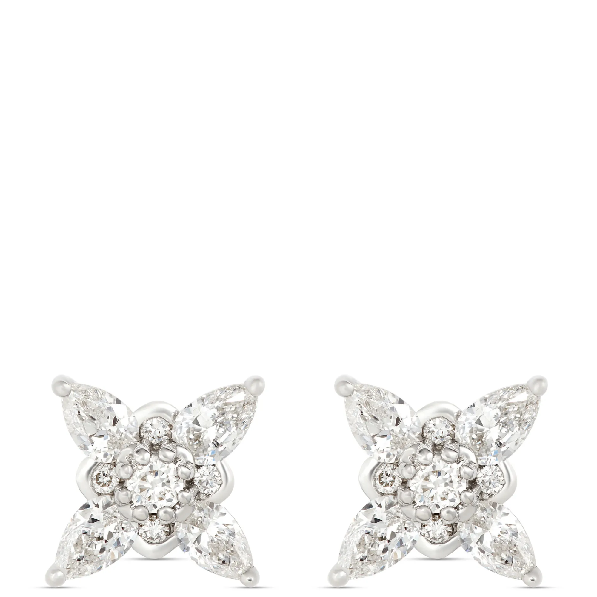 Pear and Round Cut Diamond Studs, 14K White Gold New