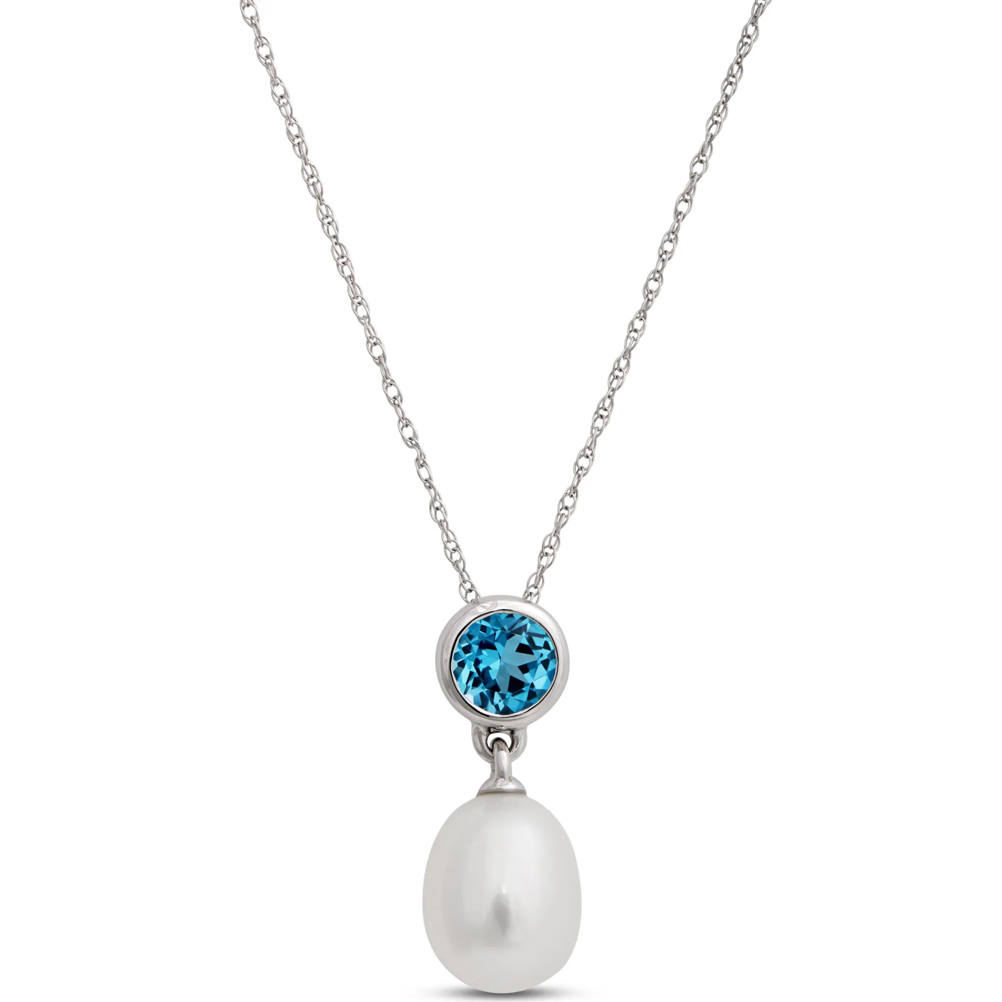 Pearl and Blue Topaz Pendant Necklace, 14k White Gold Sale
