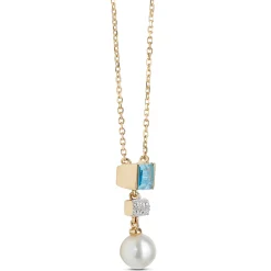 Pearl, Blue Topaz and Diamond Necklace, 14K Yellow Gold New