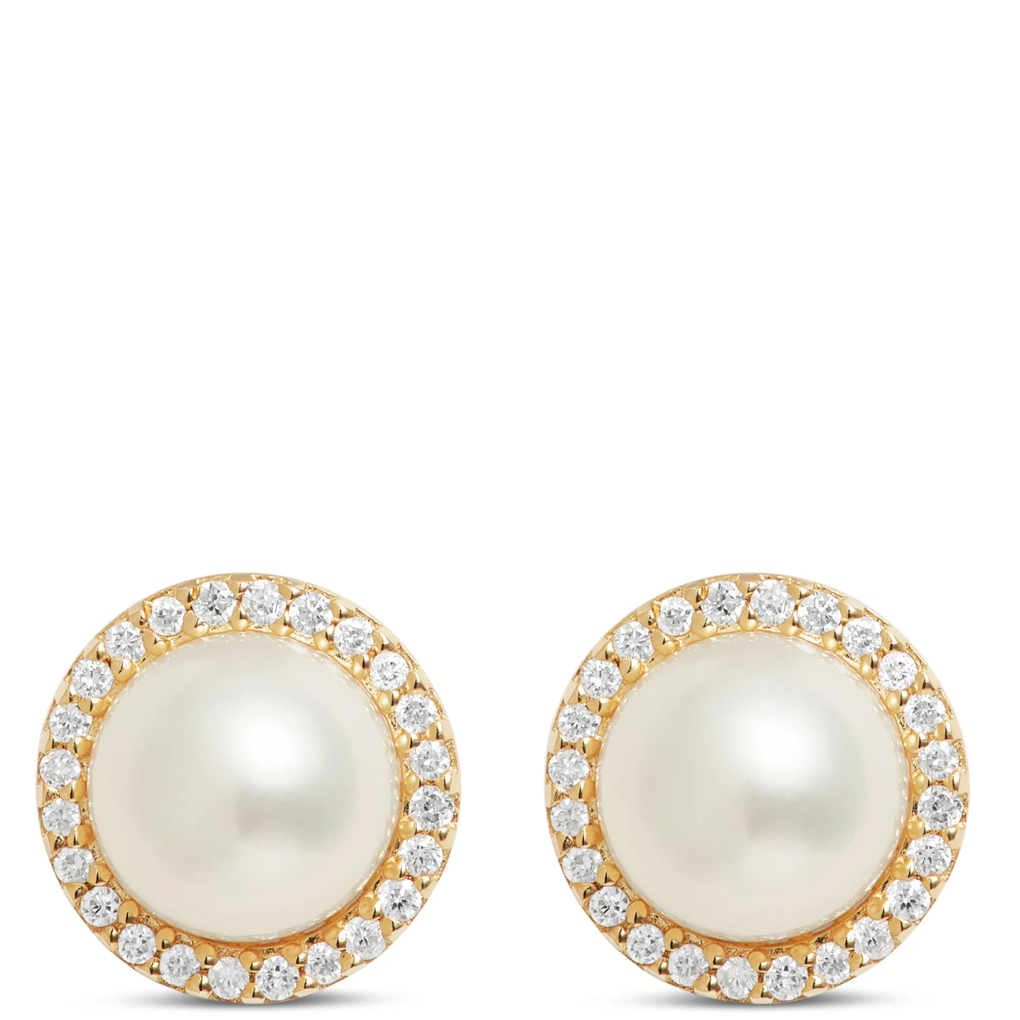 Pearl Halo Stud Earrings, 14K Yellow Gold Sale