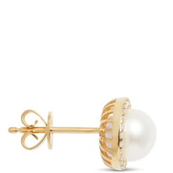 Pearl Halo Stud Earrings, 14K Yellow Gold Sale