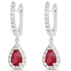 Pear Ruby and Diamond Dangle Earrings, 14K White Gold Outlet