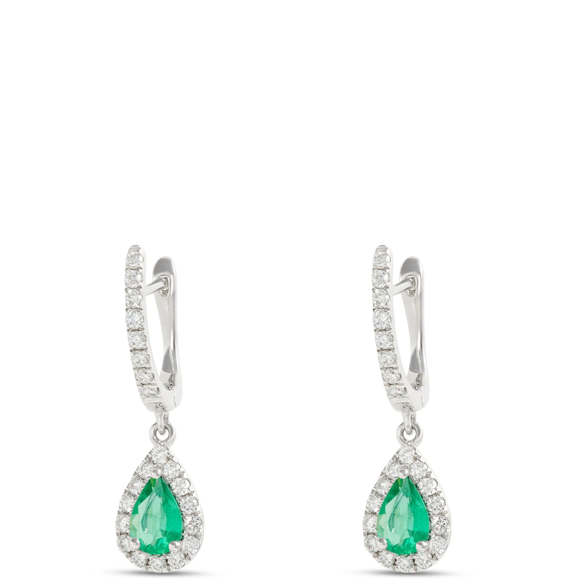 Pear-Shaped Emerald and Diamond Earrings, ⅓ Total Carat Weight, 14K White Gold Clearance