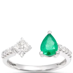 Pear Shaped Emerald and Diamond Open Center Ring, 14K White Gold Hot