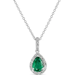 Pear Shaped Emerald and Diamond Halo Pendant Necklace, 14K White Gold Sale