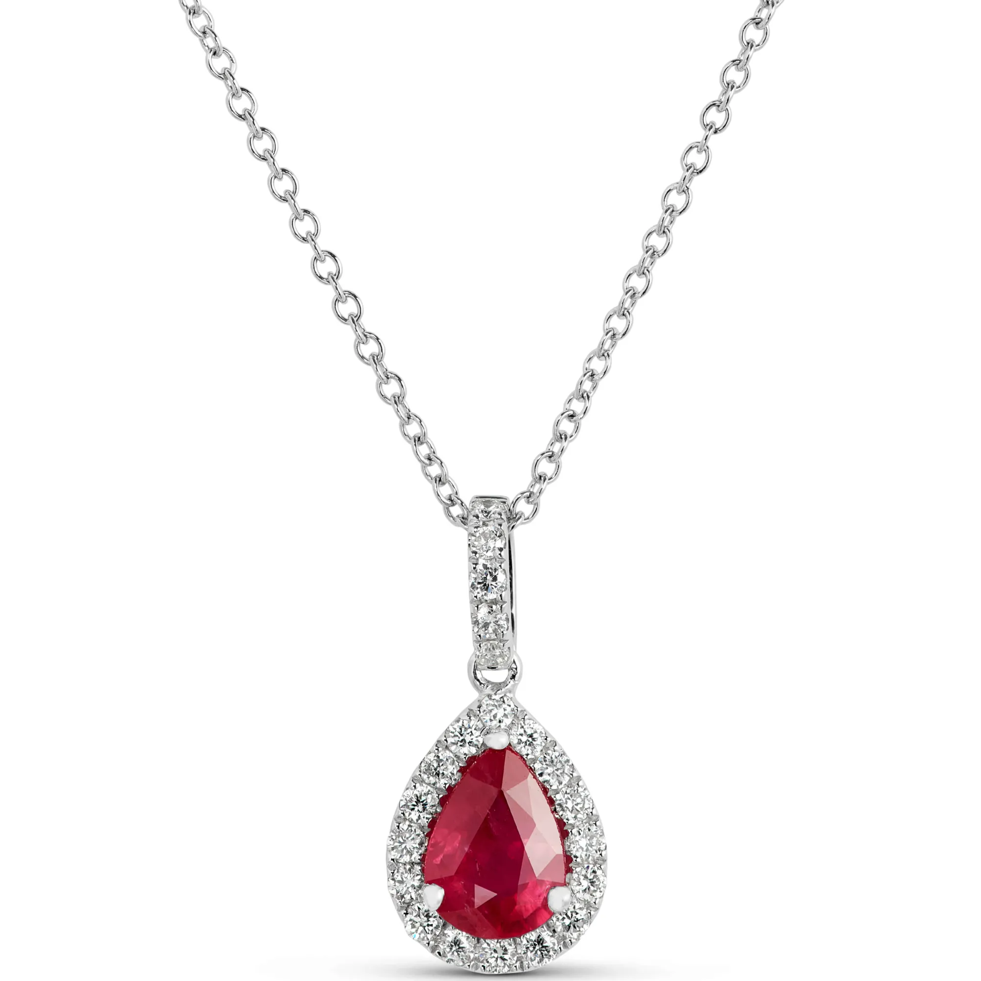 Pear Shaped Ruby and Diamond Halo Pendant Necklace, 14K White Gold Discount
