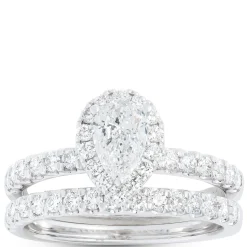 Pear Shape Halo and Round Diamond Bridal Set, 14K White Gold Outlet