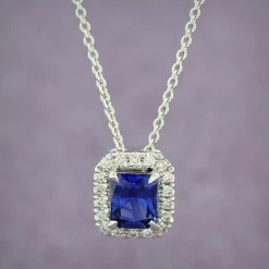 Radiant Cut Sapphire & Diamond Pendant 14K Sale