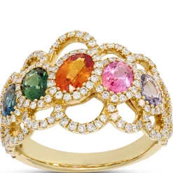 Rainbow Round Sapphire and Diamond Ring, ⅔ Total Carat Weight 14K Yellow Gold Online