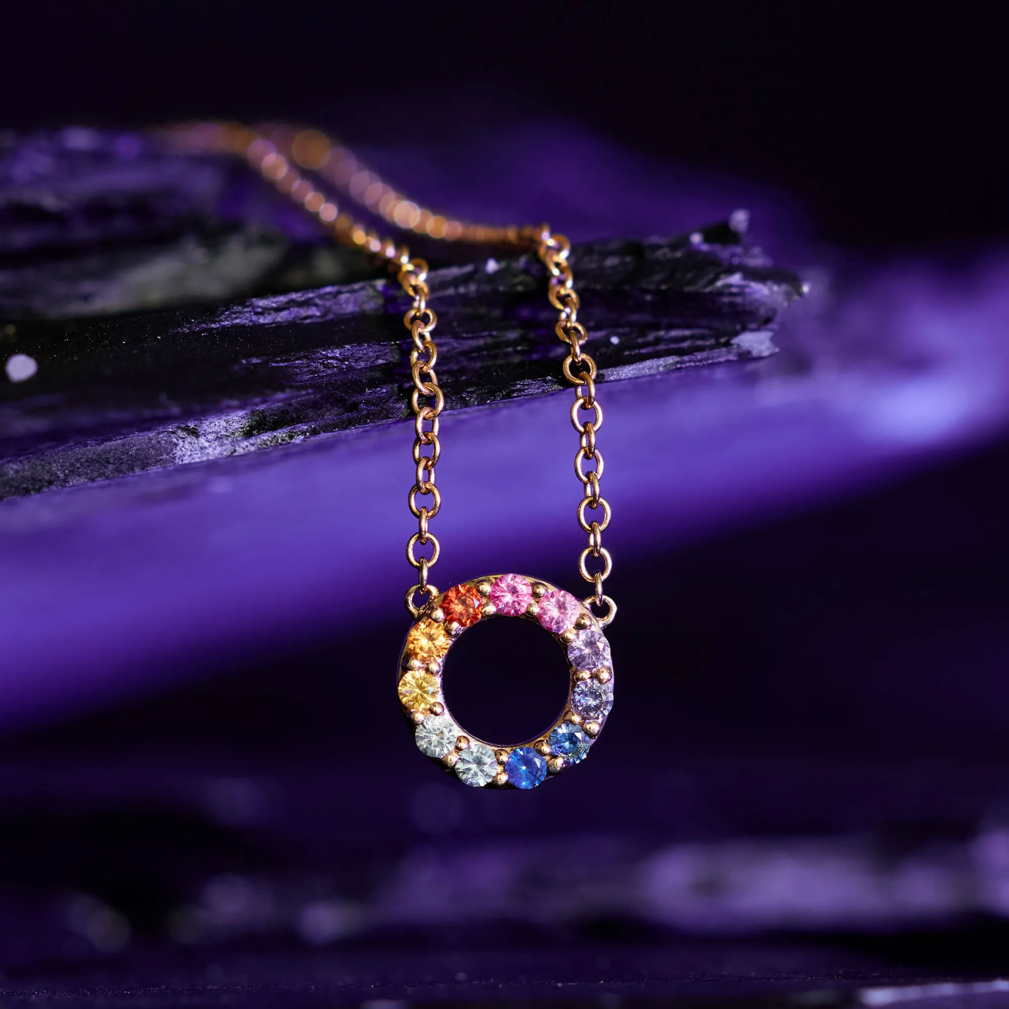 Rainbow Sapphire Mini Circle Necklace 14K Sale