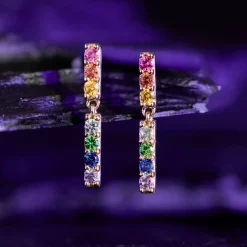 Rainbow Sapphire & Tsavorite Garnet Dangle Bar Earrings 14K Hot