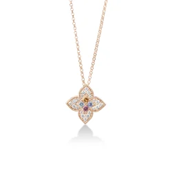 Roberto Coin 18K Rose Gold Venetian Princess Carnival Pavé Diamond And Mixed Stones Medium Flower Necklace Clearance
